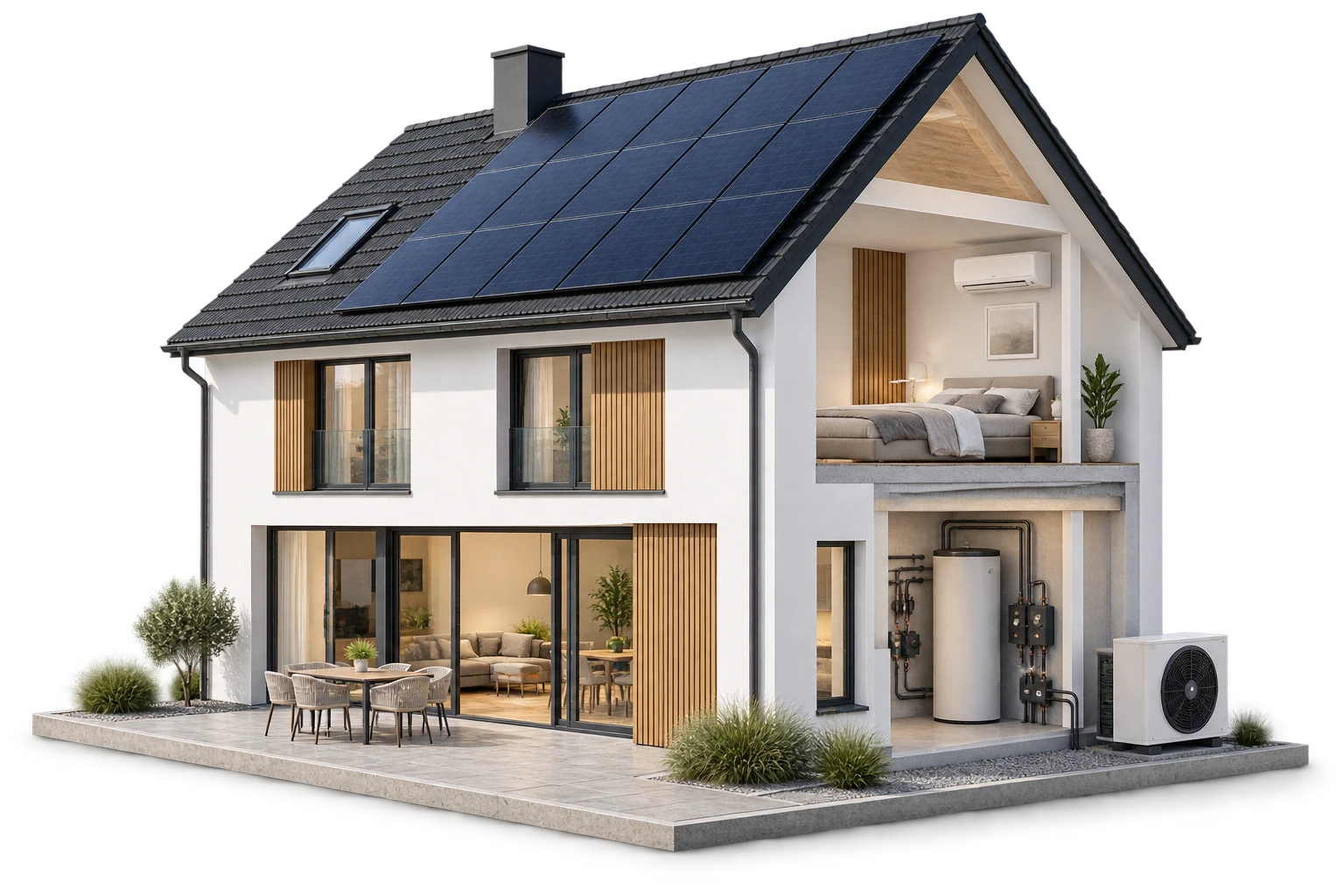 Architektonische Visualisierung eines Hauses mit Photovoltaik, Wärmepumpe und sichtbarem Klimagerät im Obergeschoss